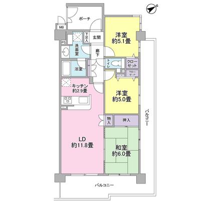 Floor plan. Southeast ・ Bright in the northeast corner room, View is good per yang. Two-sided wide balcony