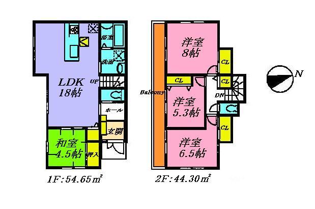 Floor plan. 51,800,000 yen, 4LDK, Land area 124.14 sq m , Is a floor plan of 4LDK of a building area of 98.95 sq m face-to-face kitchen LDK18 Pledge and the main bedrooms 8 pledge.