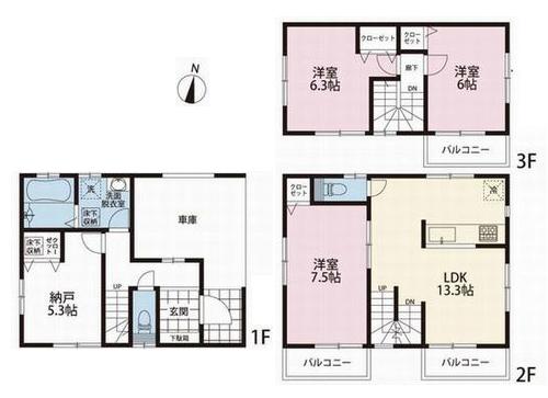Floor plan. (Building 2), Price 39,800,000 yen, 3LDK+S, Land area 65.78 sq m , Building area 106.11 sq m