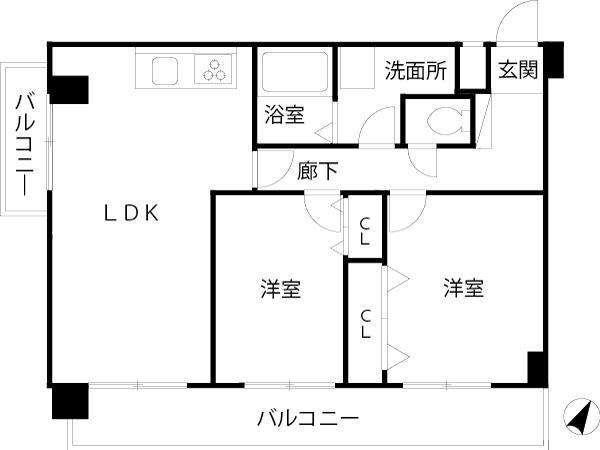 Floor plan. 2LDK, Price 22,800,000 yen, Occupied area 59.22 sq m , Balcony area 12.05 sq m