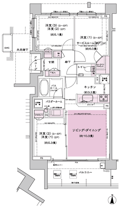 Floor: 3LD ・ K + WIC (walk-in closet) / 2LD ・ K + S (service Room [Storeroom] ) + WIC (walk-in closet), the occupied area: 64.02 sq m, Price: TBD