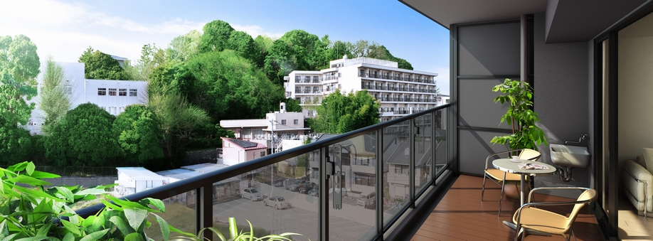 Balcony Rendering (balcony Rendering in the photograph view taken a westward from local fifth floor equivalent (January 2013 shooting), CG synthesis building Rendering that caused draw based on the drawings of the planning stage ・ Which was processed, In fact a slightly different. Also, Surrounding environment ・ View might change in the future)