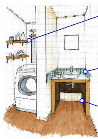 Other Equipment. At the top and the wall surface of the washing machine area of the basin undressing room, Decorative shelf of well shine woodgrain in simple white space is provided. By construction of the mosaic tiles around the vanity, To clean is easy to splash water.