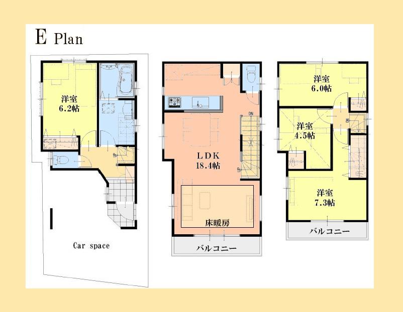 Floor plan. (E Building), Price 34,800,000 yen, 4LDK, Land area 57.78 sq m , Building area 93.76 sq m