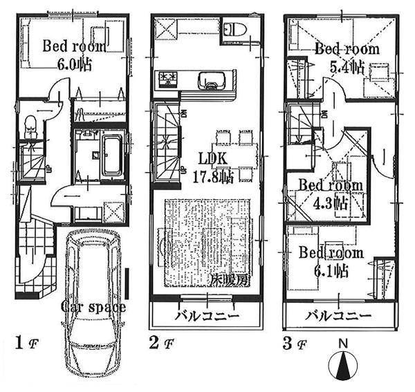 Floor plan. (H Building), Price 32,800,000 yen, 4LDK, Land area 54.65 sq m , Building area 91.08 sq m