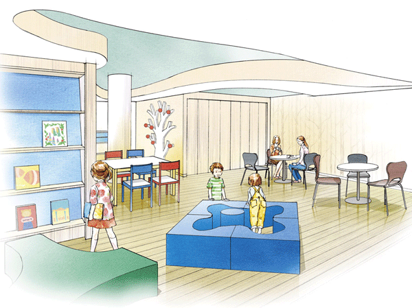 Shared facilities.  [Petting space of mom and child] While from playing children, Mom with each other, you can enjoy a conversation in the lounge. Also introduced play of the program that was affiliated with the educational toy maker "Bonerundo". (Kids & Mom lounge Rendering)