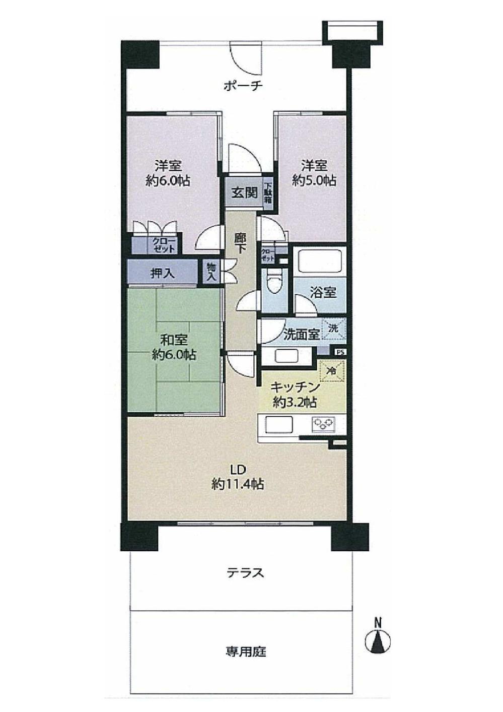 Floor plan. 3LDK, Price 36,800,000 yen, Occupied area 68.55 sq m , Balcony area 13.8 sq m south side room of the terrace and the garden is recommended This room has a privacy has been protected by a large entrance porch.