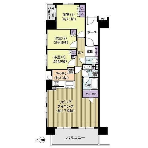 Floor plan. 3LDK, Price 39,800,000 yen, Occupied area 74.76 sq m , Balcony area 11 sq m
