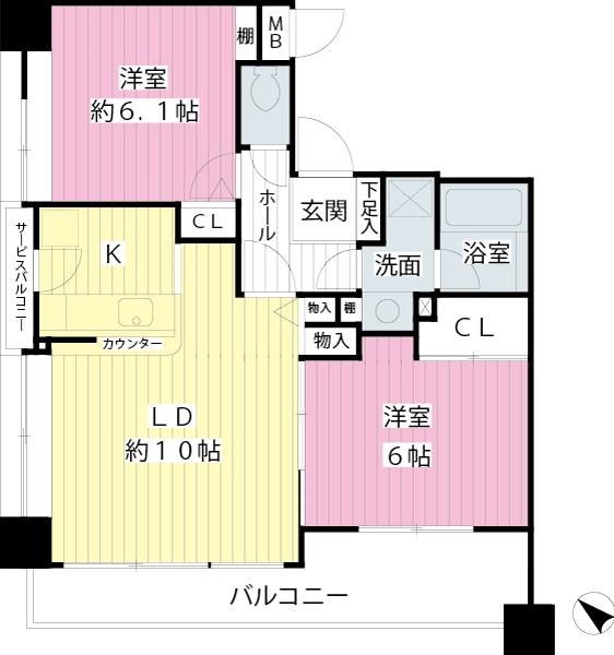 Floor plan. 2LDK, Price 21,800,000 yen, Occupied area 57.49 sq m , Balcony area 11.03 sq m