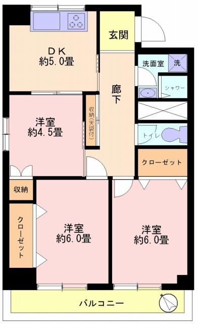 Floor plan. 3DK, Price 15 million yen, Occupied area 57.08 sq m , Balcony area 6.9 sq m
