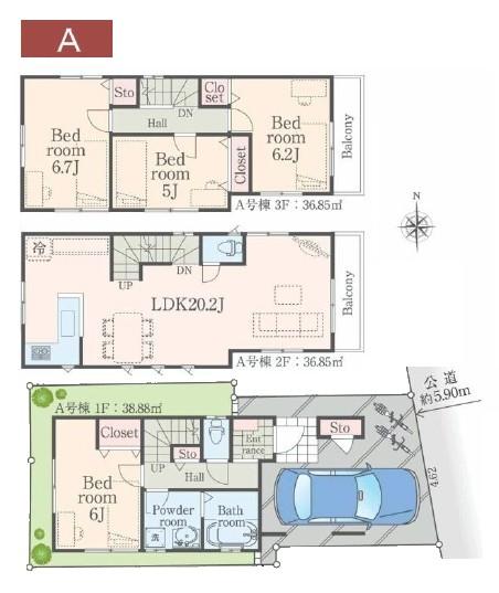 Floor plan. (A Building), Price 37,800,000 yen, 4LDK, Land area 61.45 sq m , Building area 112.58 sq m