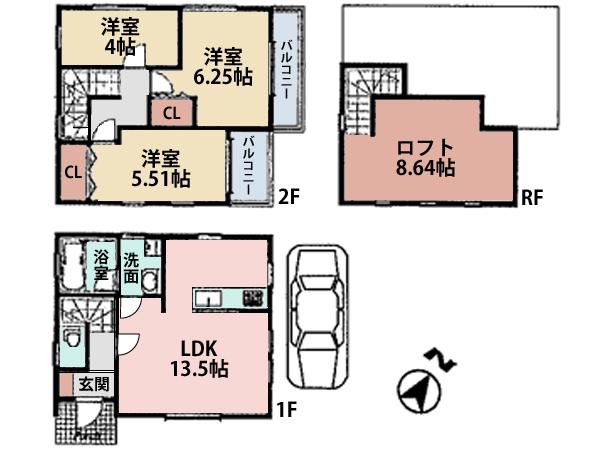 Floor plan. 29,800,000 yen, 3LDK + S (storeroom), Land area 68.76 sq m , Luggage will be neat clean up because there is a large loft of the building area 68.75 sq m 8.64 Pledge.