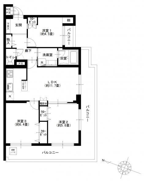 Floor plan. 3LDK, Price 22,900,000 yen, Occupied area 63.04 sq m , Balcony area 20.43 sq m