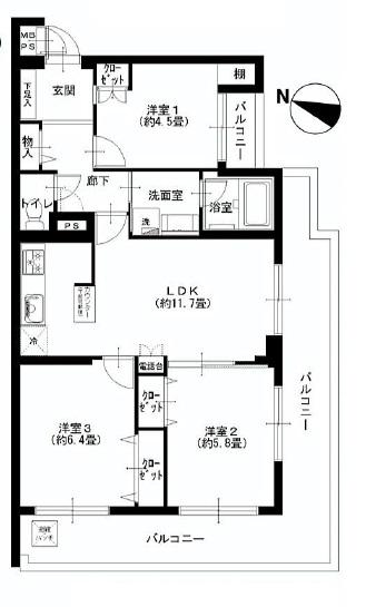 Floor plan. 3LDK, Price 22,900,000 yen, Occupied area 63.04 sq m , Balcony area 20.43 sq m