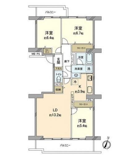 Floor plan. 3LDK, Price 27,900,000 yen, Occupied area 77.58 sq m , Balcony area 13.42 sq m