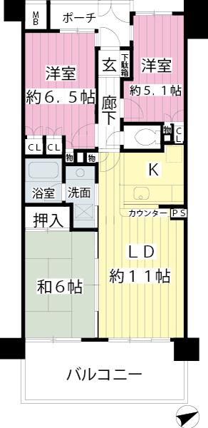 Floor plan. 3LDK, Price 32,800,000 yen, Occupied area 66.27 sq m , Balcony area 11.7 sq m
