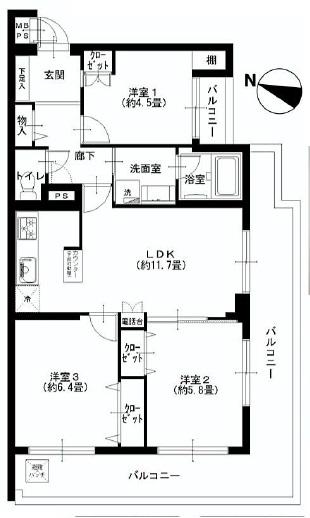 Floor plan. 3LDK, Price 22,900,000 yen, Occupied area 63.04 sq m , Balcony area 20.43 sq m