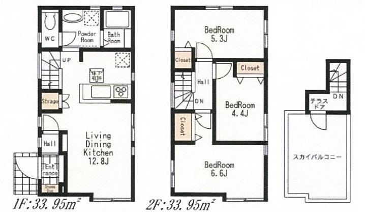 Floor plan. (Building 2), Price 34,800,000 yen, 3LDK, Land area 80 sq m , Building area 67.9 sq m