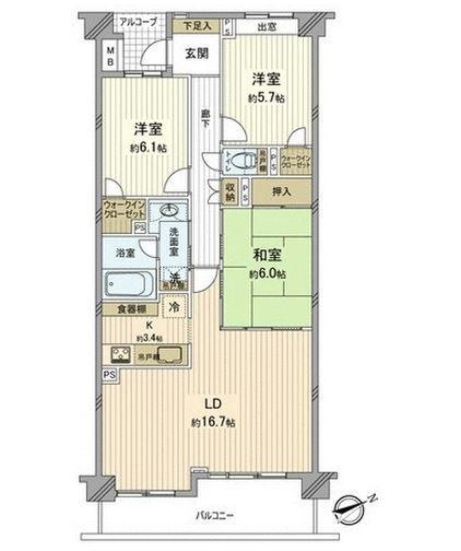 Floor plan. 3LDK, Price 34,800,000 yen, Occupied area 85.39 sq m , Balcony area 9.96 sq m
