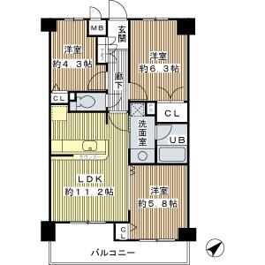 Floor plan. 3LDK, Price 25,800,000 yen, Footprint 60.4 sq m , Balcony area 9.44 sq m