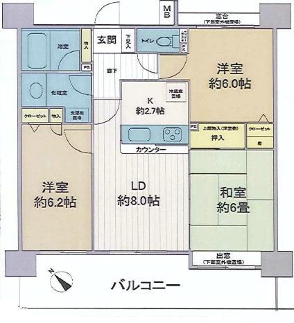 Floor plan. 3LDK, Price 24,800,000 yen, Occupied area 63.18 sq m , Balcony area 16.2 sq m
