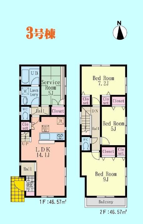 Floor plan. (3 Building), Price 42,800,000 yen, 3LDK+S, Land area 95.87 sq m , Building area 93.14 sq m