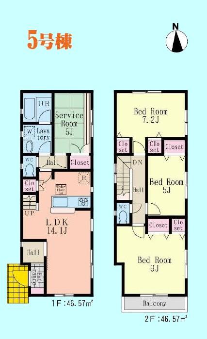Floor plan. (5 Building), Price 42,800,000 yen, 3LDK+S, Land area 93.76 sq m , Building area 93.14 sq m