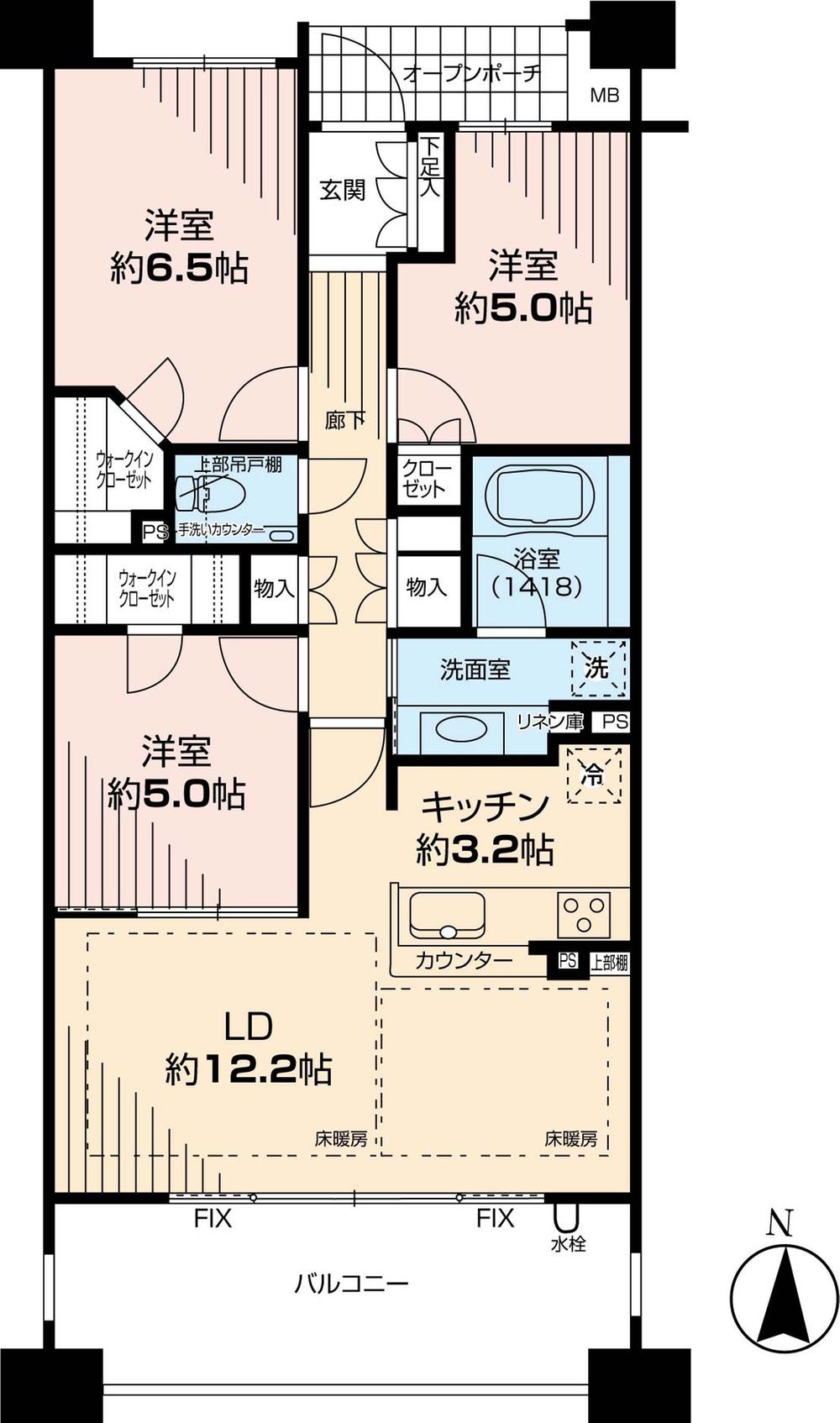 Floor plan. 3LDK, Price 42,800,000 yen, Occupied area 73.12 sq m , Balcony area 12.3 sq m