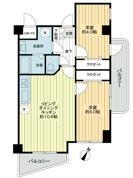 Floor plan. 2LDK, Price 18.5 million yen, Occupied area 47.16 sq m , Balcony area 8.17 sq m