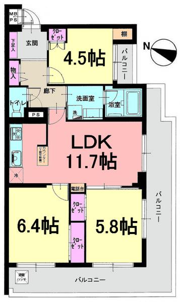 Floor plan. 3LDK, Price 22,900,000 yen, Occupied area 63.04 sq m , Balcony area 20.43 sq m