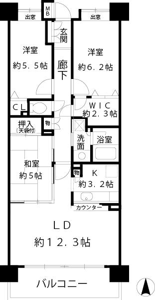 Floor plan. 3LDK, Price 28.8 million yen, Occupied area 75.36 sq m , Balcony area 9.8 sq m