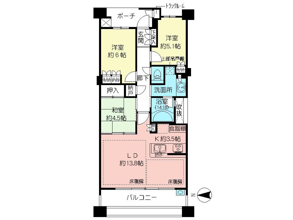 Floor plan. 3LDK, Price 38,900,000 yen, Occupied area 73.71 sq m , Large living room balcony area 12.6 sq m about 13.8 Pledge is characterized by. In the bathroom there is a window for ventilation.