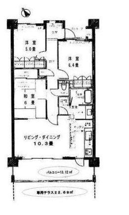 Floor plan. 3LDK, Price 29.5 million yen, Occupied area 74.57 sq m , Southwest dwelling units of the balcony area 13.12 sq m spacious terrace