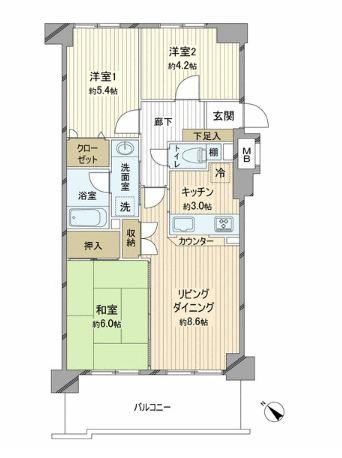 Floor plan. 3LDK, Price 26,800,000 yen, Occupied area 61.83 sq m , Good southwestward dwelling unit balcony area 10.23 sq m per yang