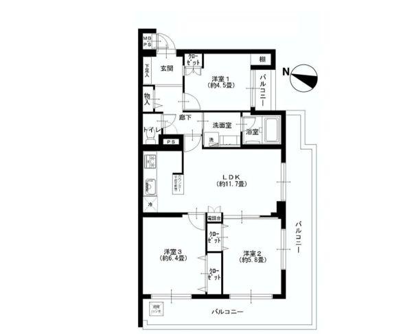 Floor plan. 3LDK, Price 22,900,000 yen, Occupied area 63.04 sq m , Balcony area 20.43 sq m
