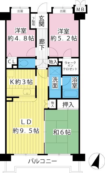 Floor plan. 3LDK, Price 21.5 million yen, Occupied area 63.05 sq m , Balcony area 9.05 sq m
