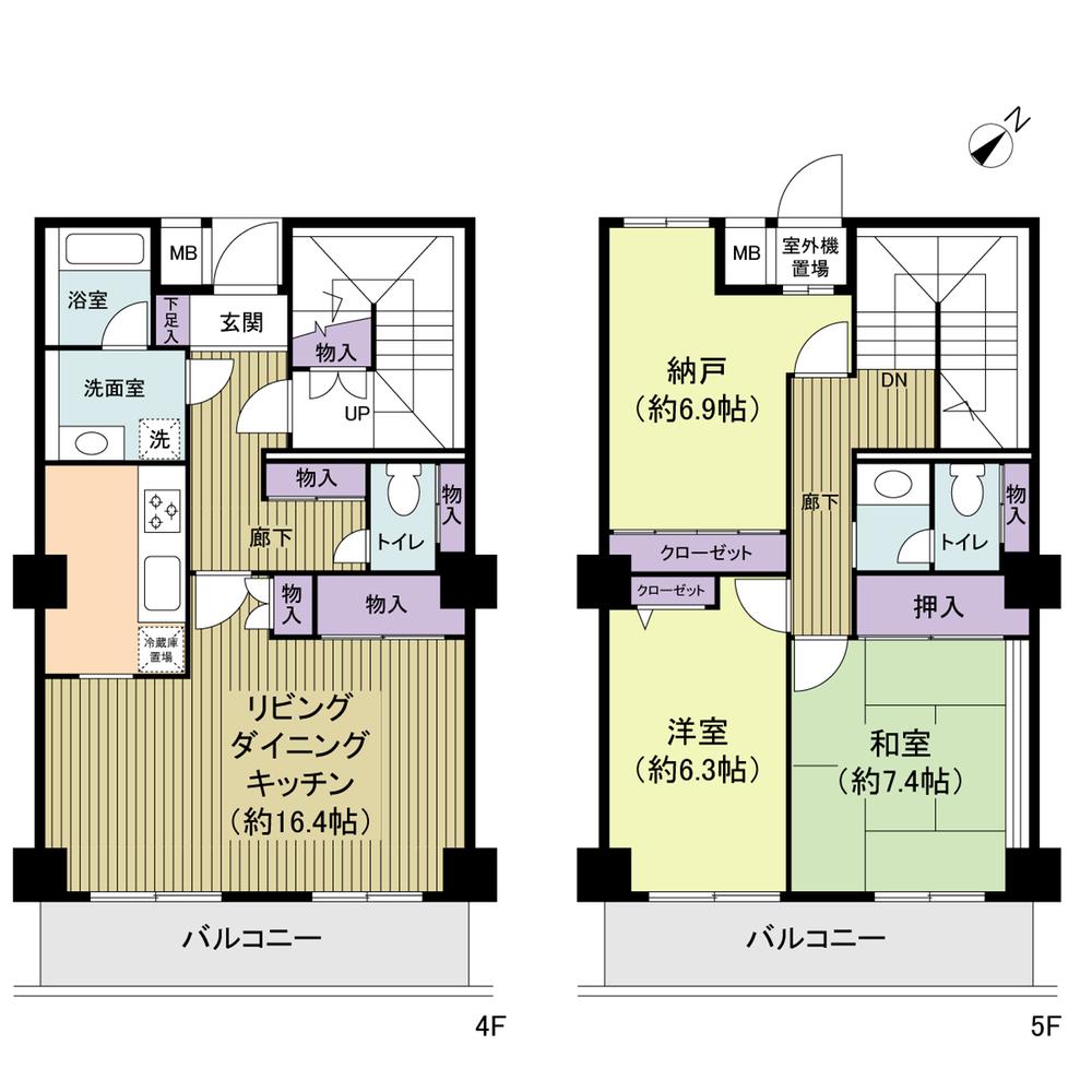 Floor plan. 2LDK + S (storeroom), Price 34,800,000 yen, The area occupied 106.9 sq m , Balcony area 17.4 sq m