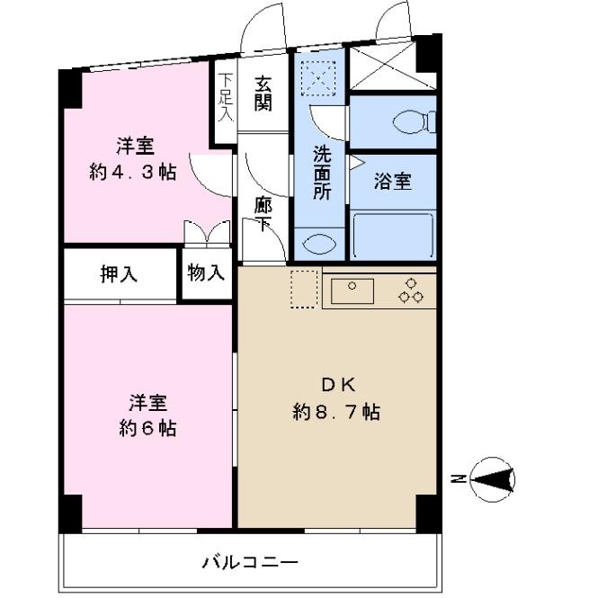 Floor plan. 2DK, Price 14.9 million yen, Occupied area 45.87 sq m , Balcony area 6.1 sq m