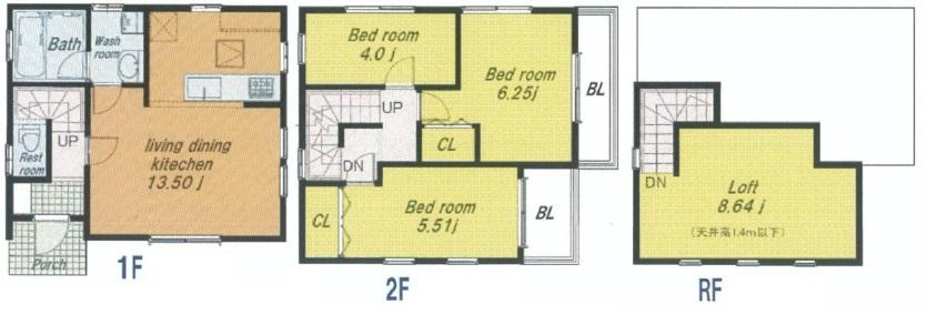 Floor plan. 29,800,000 yen, 3LDK, Land area 68.76 sq m , Building area 68.75 sq m   ■ Face-to-face kitchen Pledge LDK13.5, 8.64 Pledge with a loft!  [Floor plan]