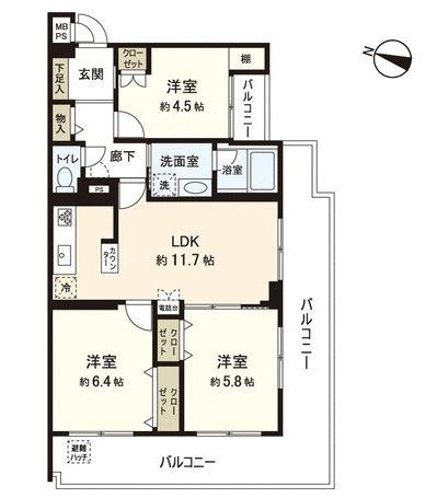 Floor plan. 3LDK, Price 22,900,000 yen, Occupied area 63.04 sq m , Balcony area 20.43 sq m upstairs without room ・ Corner room!