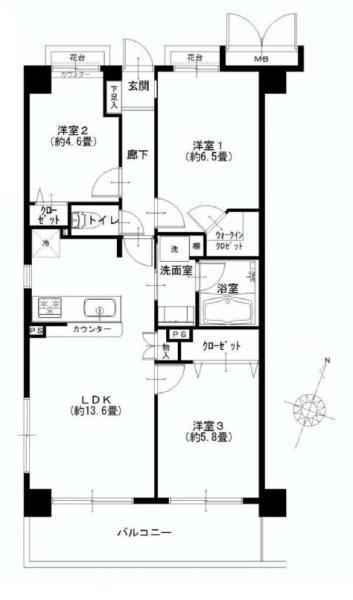 Floor plan. 3LDK, Price 34,900,000 yen, Footprint 65.4 sq m , Balcony area 9.6 sq m