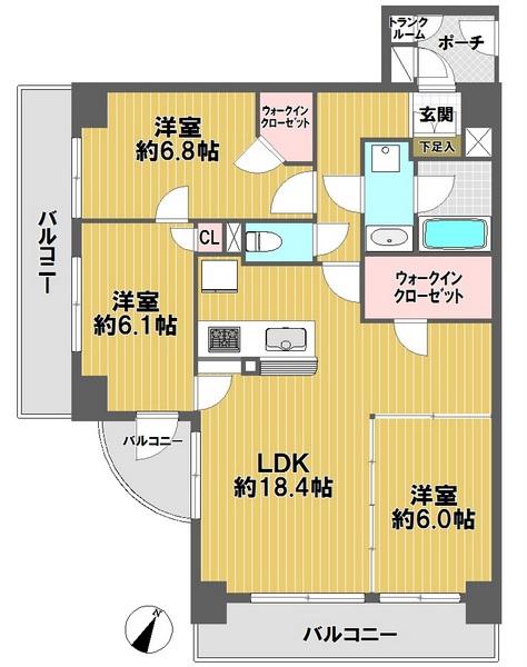 Floor plan. 3LDK, Price 36,800,000 yen, Occupied area 81.95 sq m , Balcony area 18.62 sq m, "Nakagawa Station" 2-minute walk ・ Living 18 quires more ・ All rooms 6 quires more ・ Porch with doors ・ Yes trunk room ・ WIC ・ Balcony 3 places