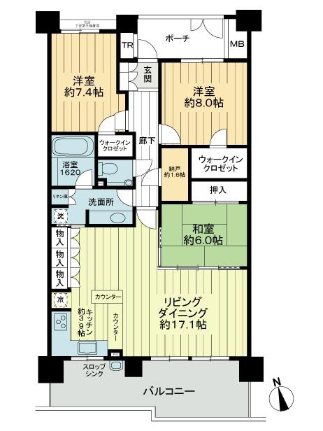Floor plan. 3LDK + S (storeroom), Price 54,800,000 yen, The area occupied 101.4 sq m , Balcony area 17.96 sq m