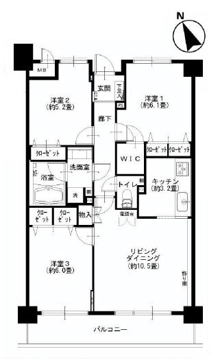 Floor plan. 3LDK, Price 32,900,000 yen, Occupied area 70.63 sq m , Balcony area 9.24 sq m
