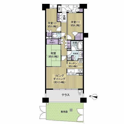 Floor plan. 3LDK, Price 48,500,000 yen, Occupied area 75.94 sq m 3LDK, 75.94 sq m . Private garden: 18.35 sq m with.