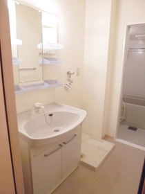 Washroom. Bathroom Vanity, It is a washing machine inside the dressing room with a yard