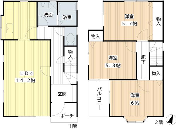 Floor plan. 29,800,000 yen, 3LDK, Land area 81.06 sq m , There are LDK and water around the building area 74.7 sq m first floor, There are three room Western-style room on the second floor