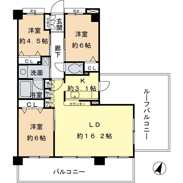 Floor plan. 3LDK, Price 37,900,000 yen, Occupied area 75.39 sq m , 3LDK of balcony area 14.36 sq m 75.39 square meters, Balcony is spacious space with 34.35 square meters in total with the roof balcony