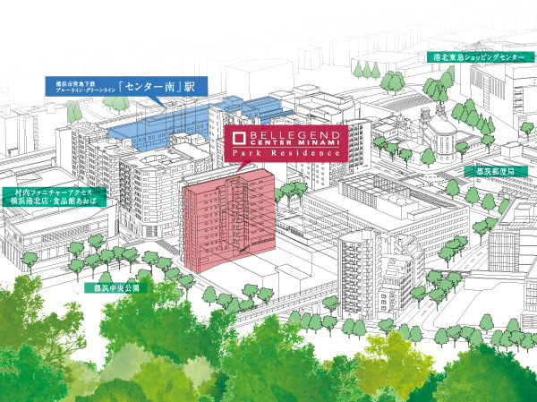 Surrounding environment. A 3-minute walk from the station of "center south", High convenience. Yet, Moisture overflowing location nestling in Tsuzuki Central Park. Birth to the location that can get the city and two of charm that is different that nature at the same time, "Bell Bridgend center South Park Residence". (Local peripheral Rendering Illustration)
