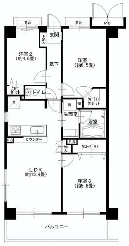 Floor plan. 3LDK, Price 34,900,000 yen, Footprint 65.4 sq m , Balcony area 9.6 sq m   ■ LDK face-to-face kitchen at about 13.6 Pledge, Walk-in closet with!  [Floor plan]